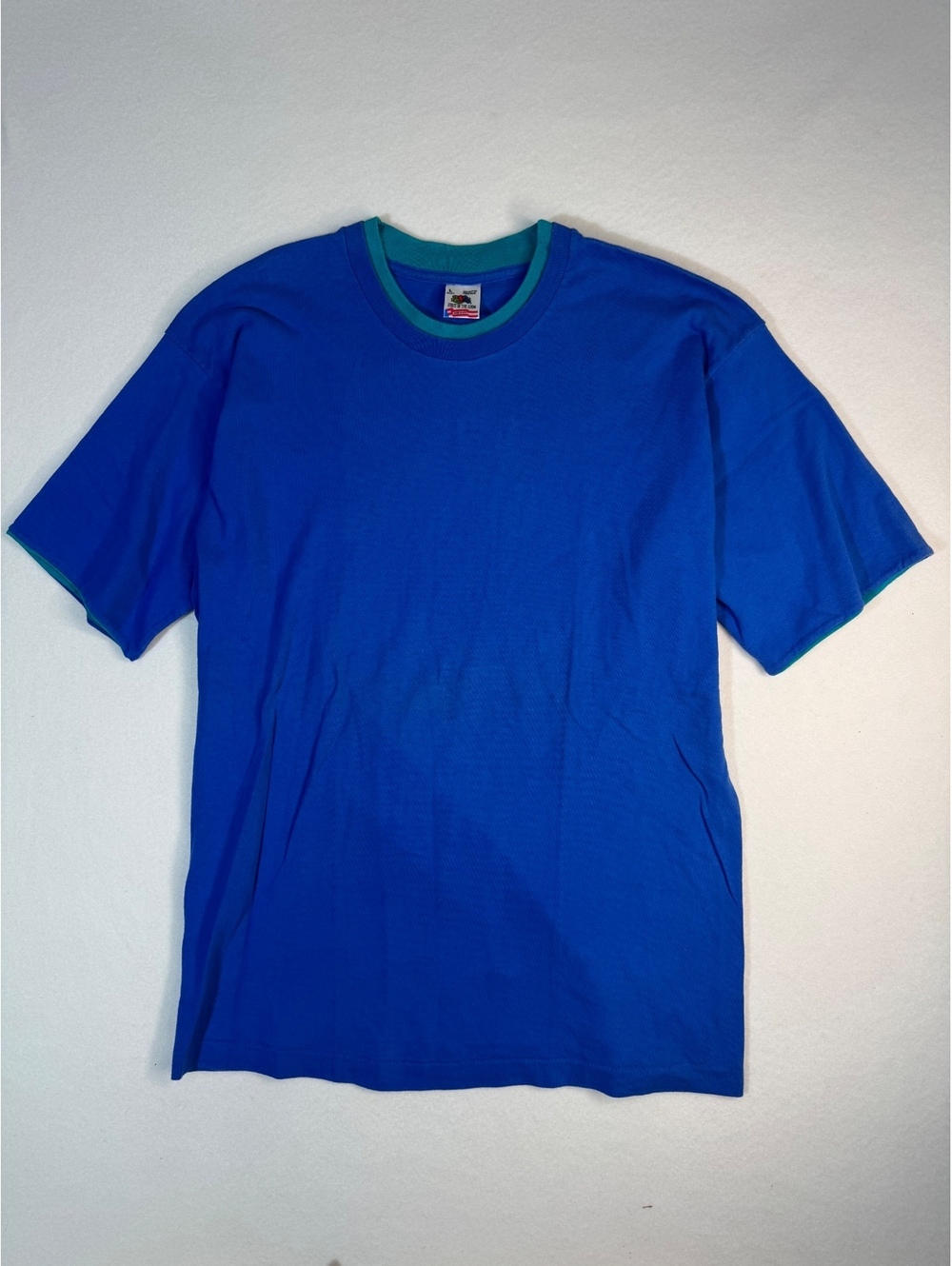 Vintage 90s Fruit of the Loom Blank T-Shirt Blue Teal Ringer Made in USA Large